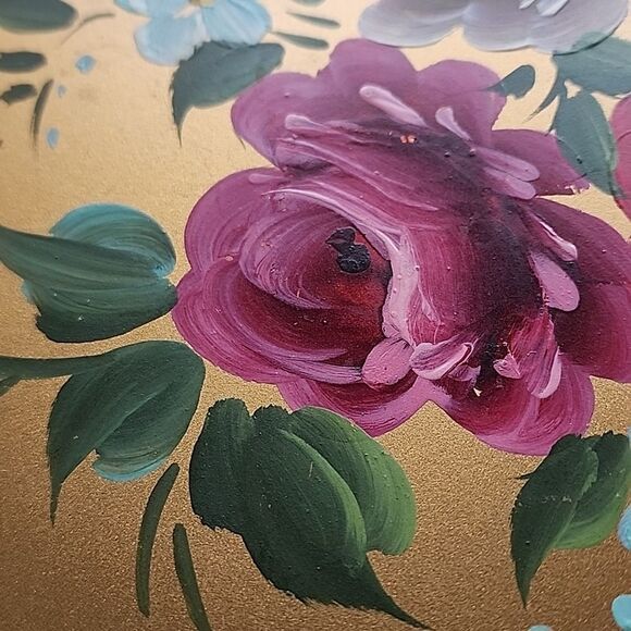Vintage Handpainted Gold Tone Toleware Tray Coquette - Picture 3 of 8